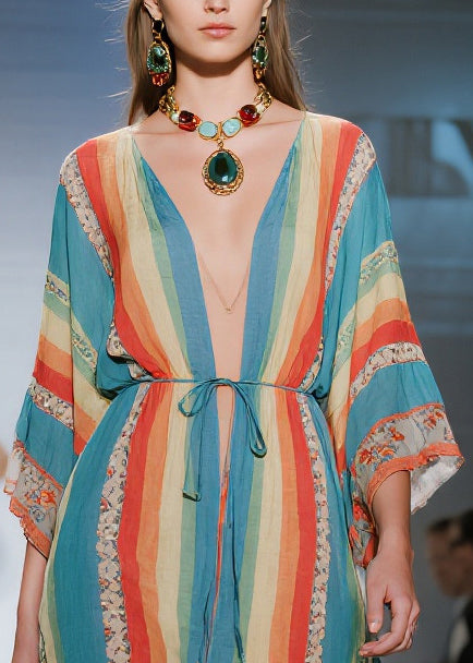 Boho Blue Tunic Striped Cotton Mini Dresses Summer