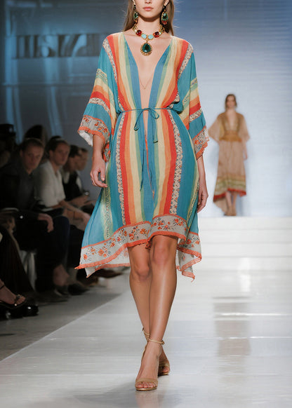 Boho Blue Tunic Striped Cotton Mini Dresses Summer