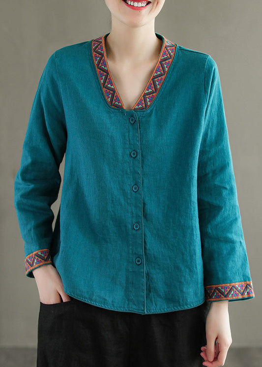 Boho Blau V-Ausschnitt Besticktes Patchwork Leinenhemd Top Frühling