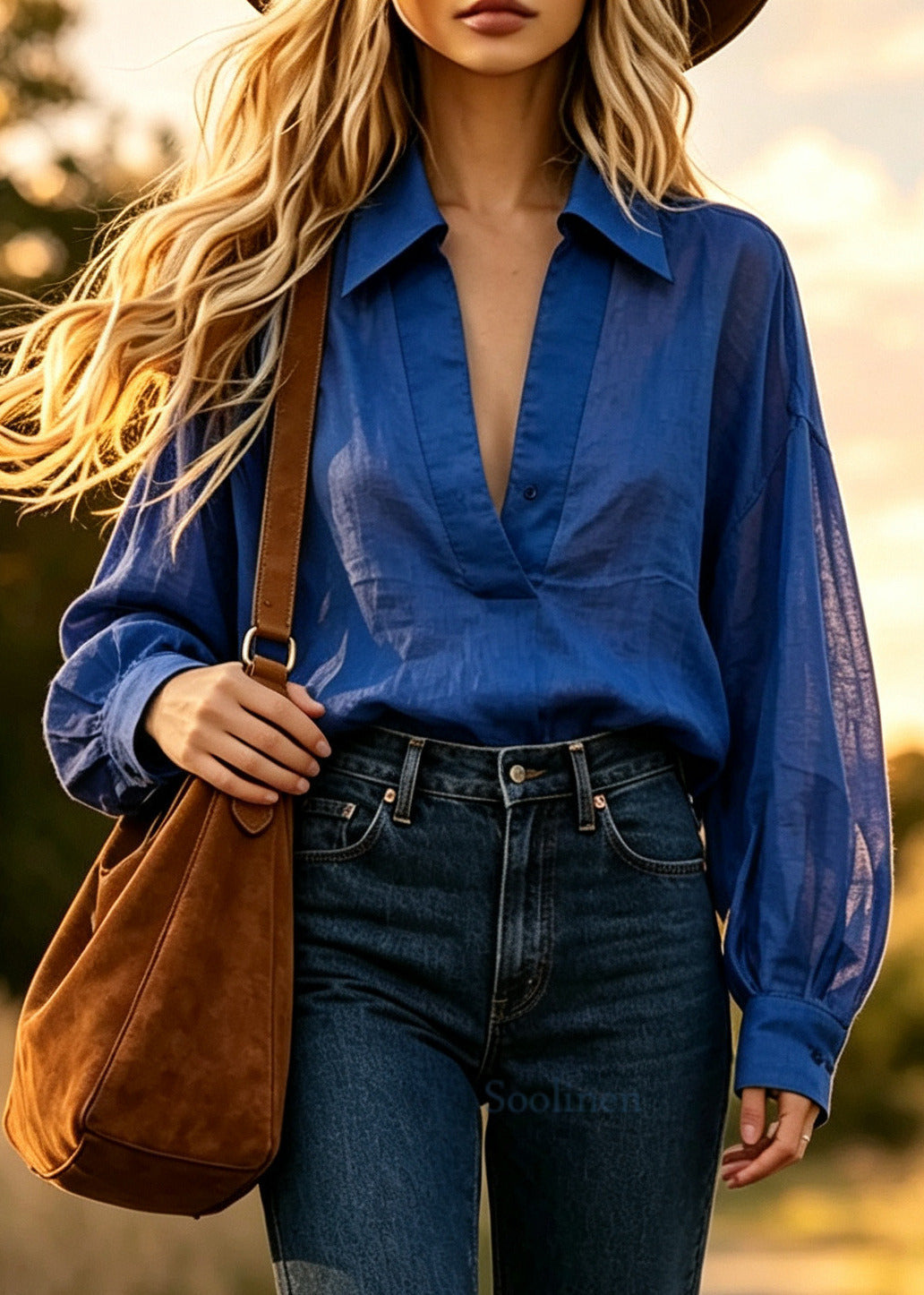 Boho Blue V Neck Oversized Cotton Shirt Tops Fall
