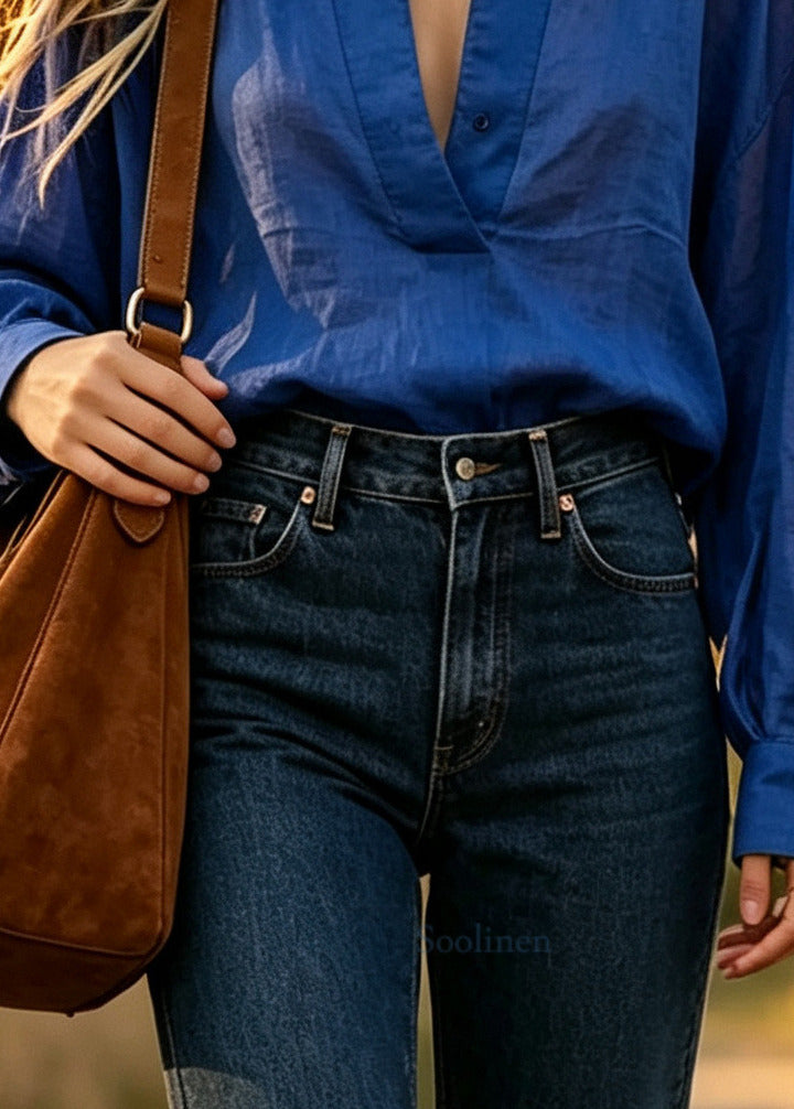 Boho Blue V Neck Oversized Cotton Shirt Tops Fall