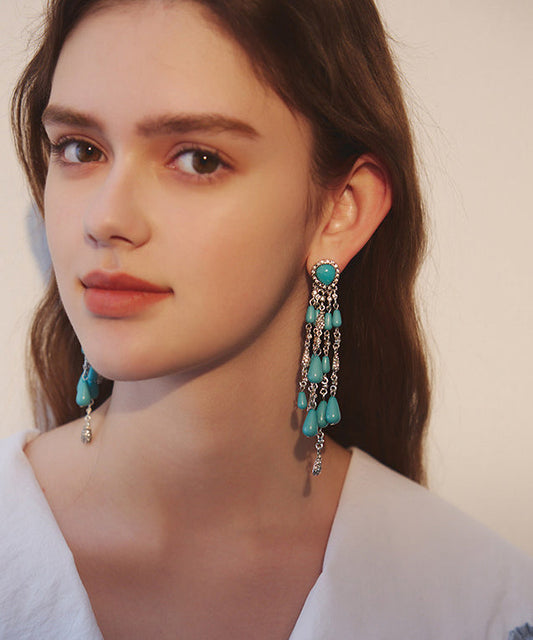 Boho Blue Zircon Water Drop Tassels Silver Plated Drop Earrings