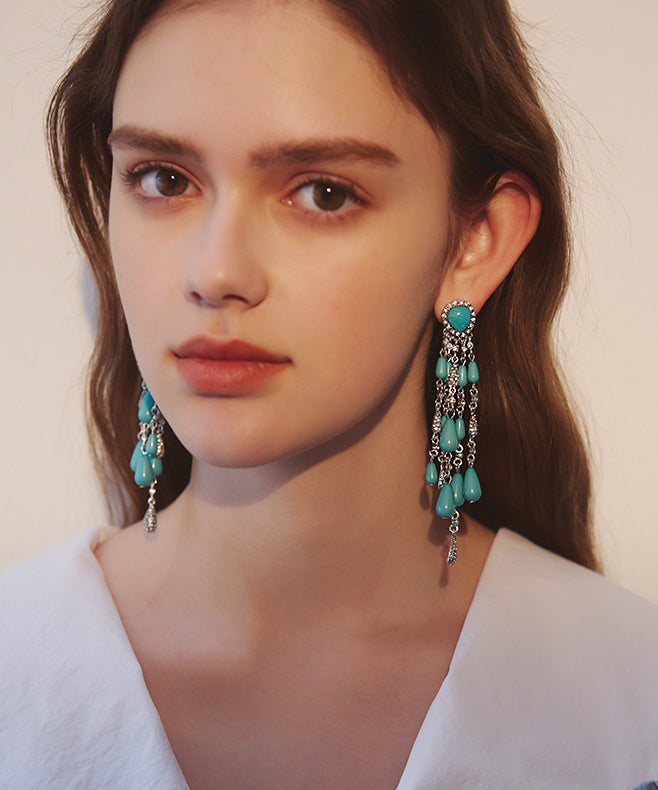 Boho Blue Zircon Water Drop Tassels Silver Plated Drop Earrings
