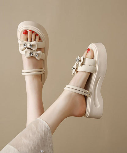 Boho Bow Zircon Splicing Platform Black Faux Leather Slide Sandals