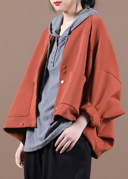 Boho Ziegelrot Fledermausflügel Ärmeltaschen Knopf Herbst Top