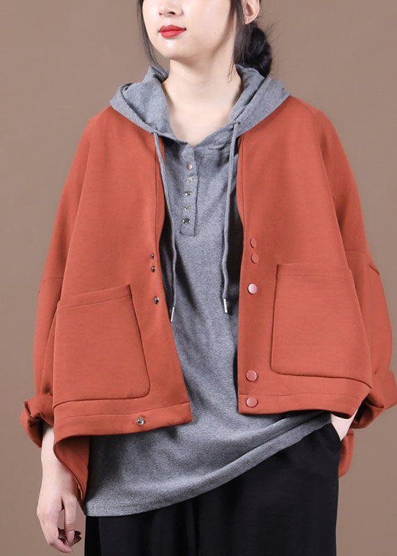 Boho Ziegelrot Fledermausflügel Ärmeltaschen Knopf Herbst Top