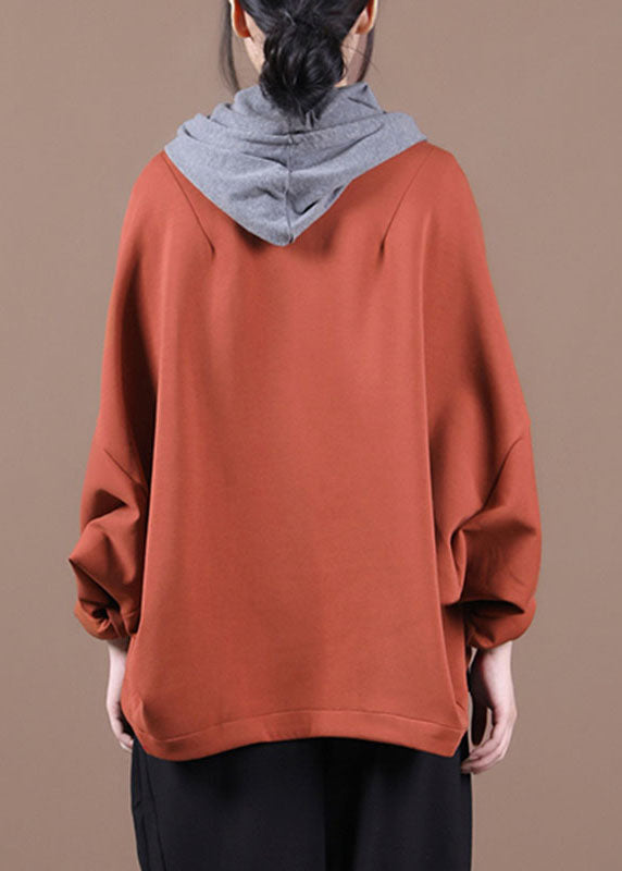 Boho Ziegelrot Fledermausflügel Ärmeltaschen Knopf Herbst Top