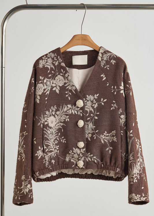 Boho Brown Embroidered Floral Decorated Cotton Jackets Spring