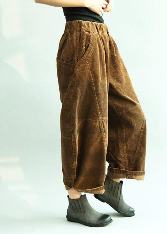 Boho Brown Pockets Patchwork lantern Fall Pants Trousers - SooLinen