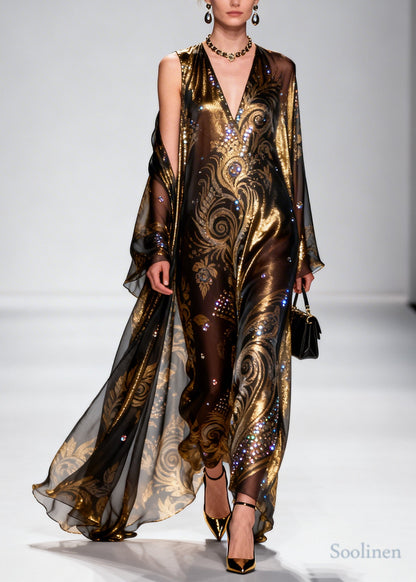 Boho Brown Rhinestone Exra Large Hem Silk Party Dress Summer