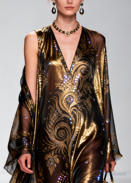 Boho Brown Rhinestone Exra Large Hem Silk Party Dress Summer
