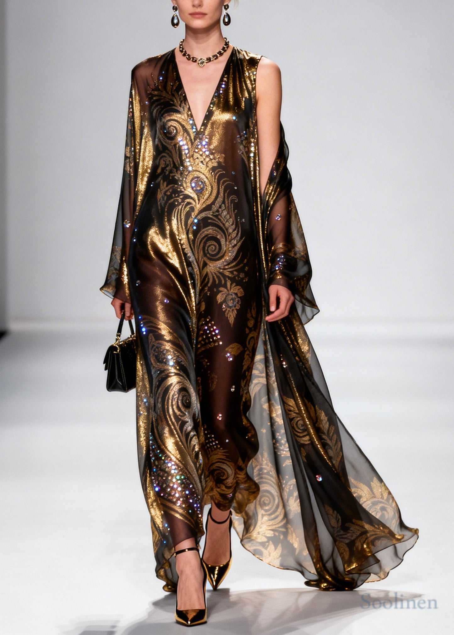 Boho Brown Rhinestone Exra Large Hem Silk Party Dress Summer