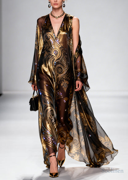 Boho Brown Rhinestone Exra Large Hem Silk Party Dress Summer