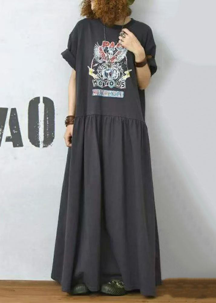 Boho Charcoal Grey Exra Large Hem Print Cotton Dresses Summer