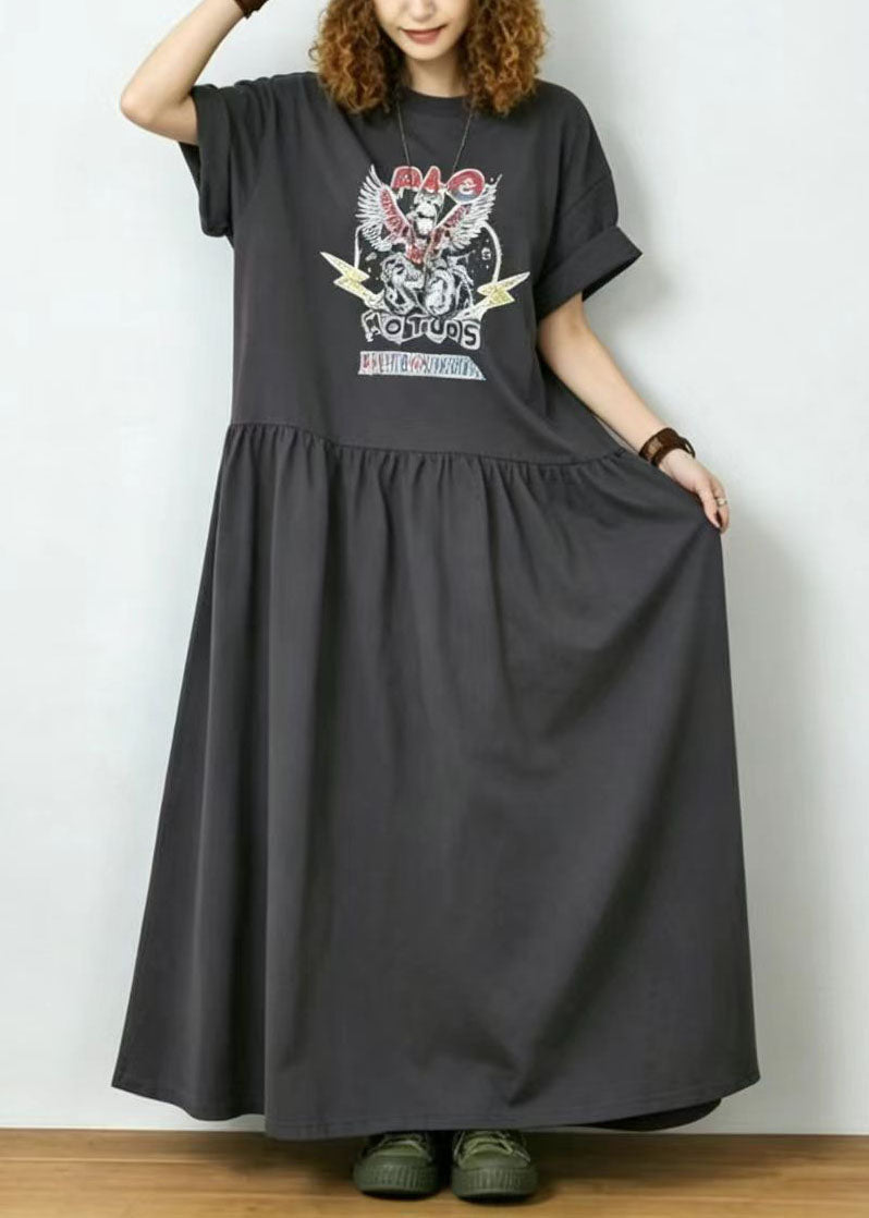 Boho Charcoal Grey Exra Large Hem Print Cotton Dresses Summer