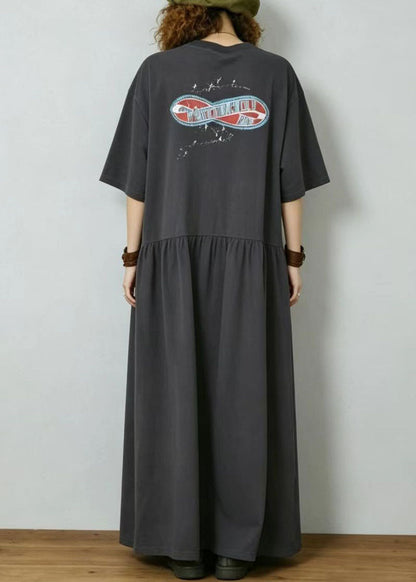 Boho Charcoal Grey Exra Large Hem Print Cotton Dresses Summer
