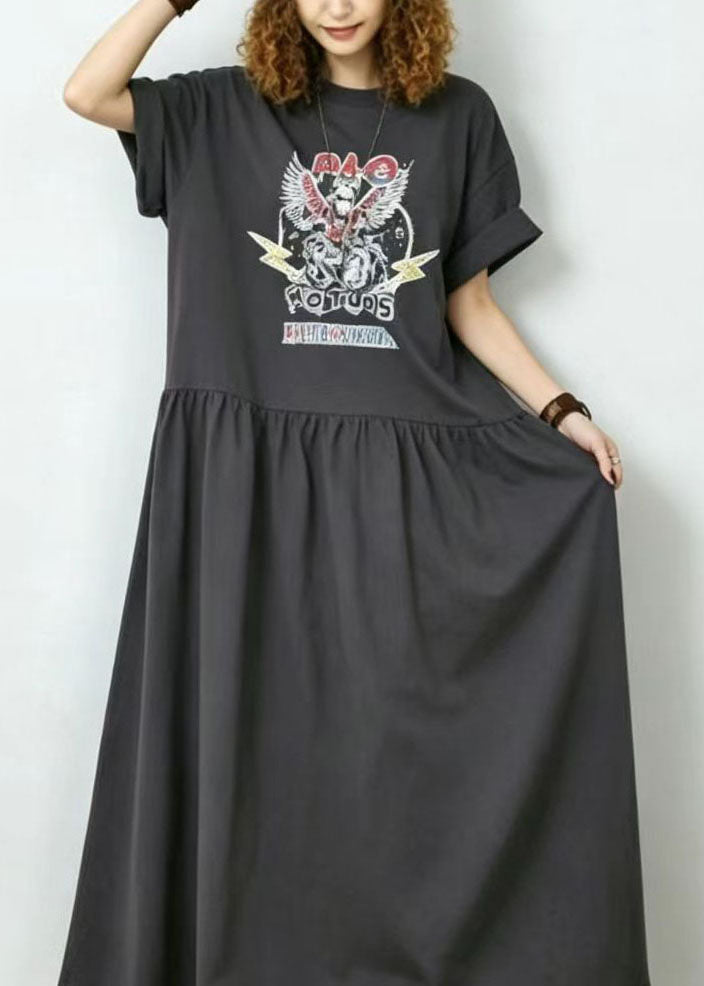 Boho Charcoal Grey Exra Large Hem Print Cotton Dresses Summer