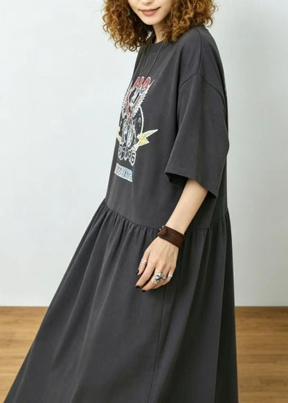 Boho Charcoal Grey Exra Large Hem Print Cotton Dresses Summer