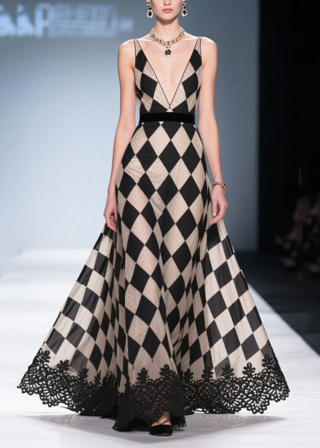 Boho Chessboard Pattern Deep-V Neck Chiffon Long Dress Summer