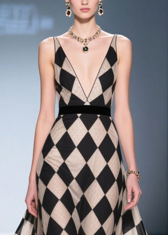 Boho Chessboard Pattern Deep-V Neck Chiffon Long Dress Summer