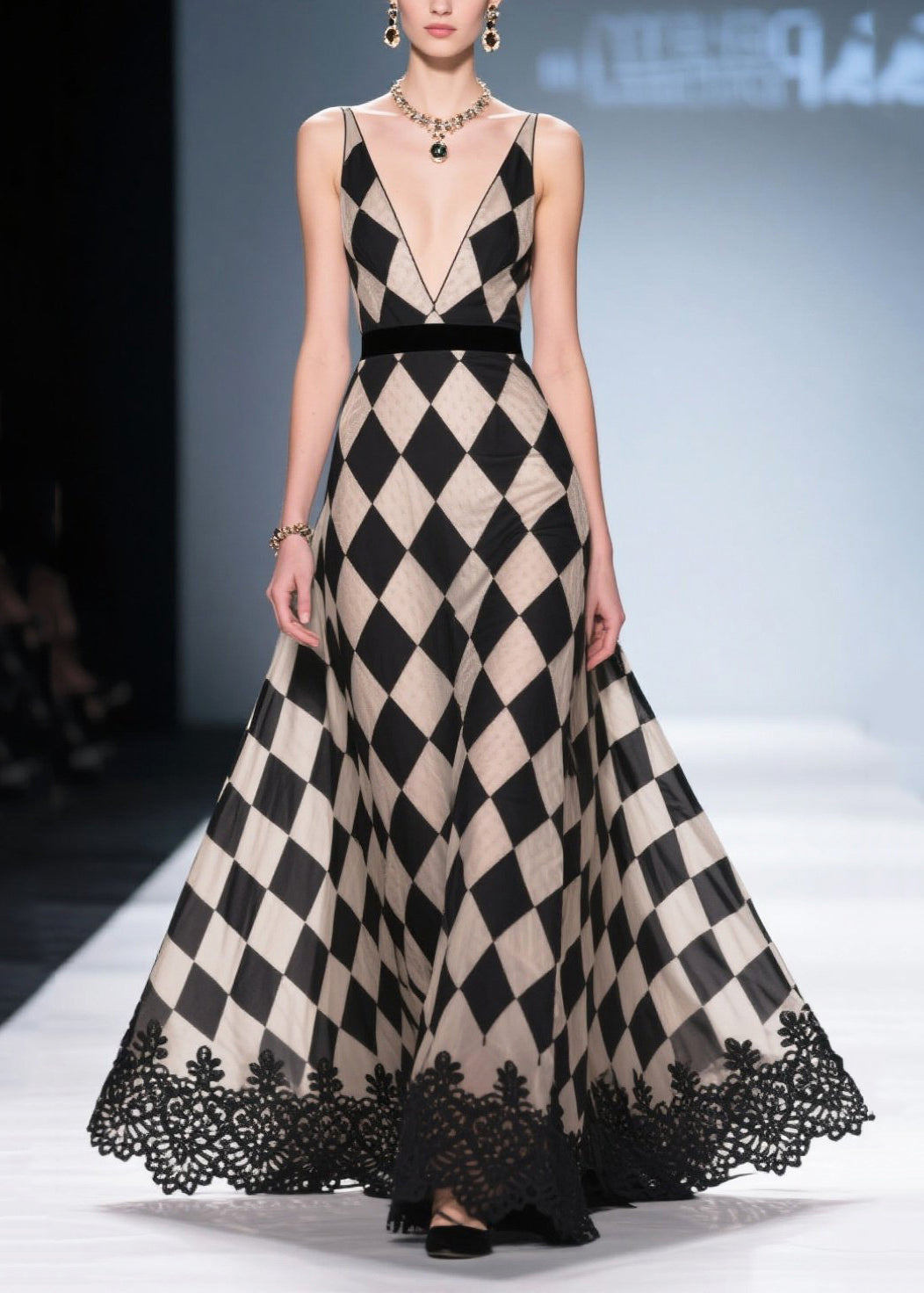 Boho Chessboard Pattern Deep-V Neck Chiffon Long Dress Summer