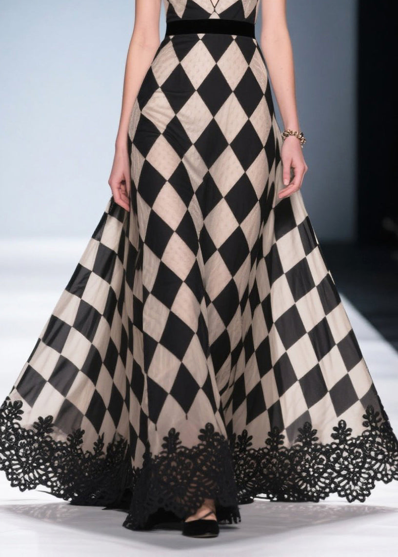 Boho Chessboard Pattern Deep-V Neck Chiffon Long Dress Summer