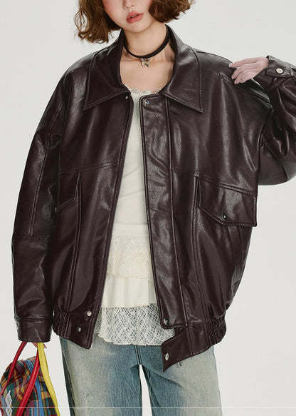 Boho-Winterjacke aus übergroßem Kunstleder mit Schokoladenbraunem Kunstpelzkragen