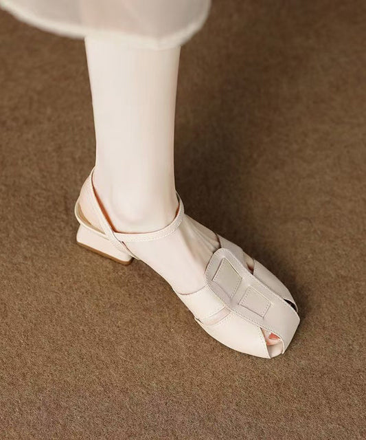 Boho Chunky Sandals Beige Hollow Out Faux Leather