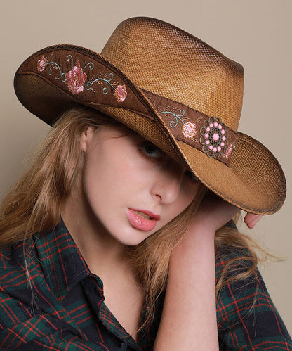 Boho Coffee Embroidered Straw Woven Cloche Hat