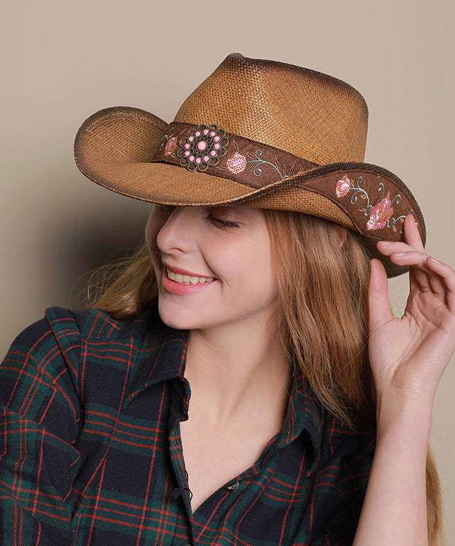 Boho Coffee Embroidered Straw Woven Cloche Hat