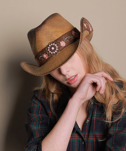 Boho Coffee Embroidered Straw Woven Cloche Hat