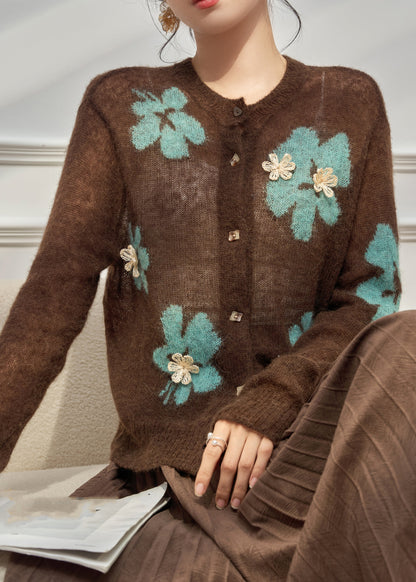 Boho-Cardigan aus Baumwolle mit Rundhalsausschnitt, Patchwork-Knopfleiste und kaffeebraunem Muster, Frühling