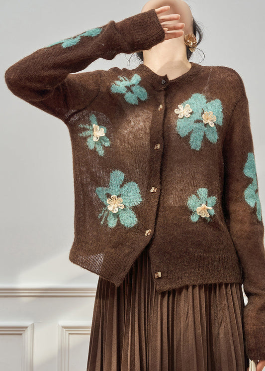 Boho-Cardigan aus Baumwolle mit Rundhalsausschnitt, Patchwork-Knopfleiste und kaffeebraunem Muster, Frühling