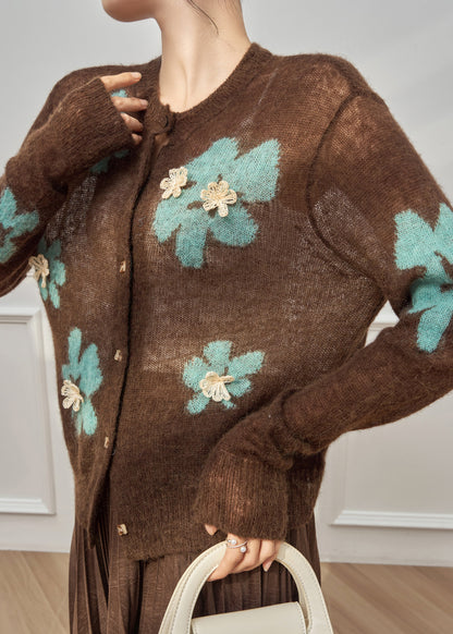 Boho-Cardigan aus Baumwolle mit Rundhalsausschnitt, Patchwork-Knopfleiste und kaffeebraunem Muster, Frühling