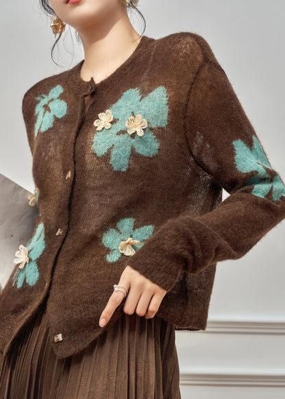 Boho-Cardigan aus Baumwolle mit Rundhalsausschnitt, Patchwork-Knopfleiste und kaffeebraunem Muster, Frühling