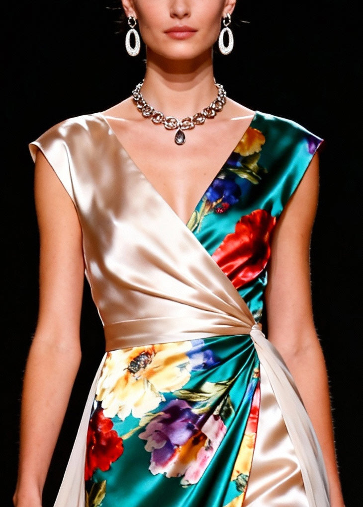 Boho Colorblock Asymmetrical Patchwork Silk Party Dress Summer