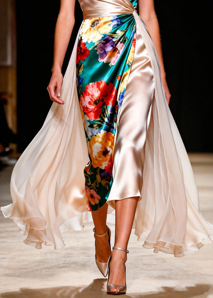 Boho Colorblock Asymmetrical Patchwork Silk Party Dress Summer