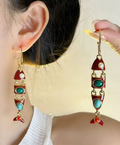 Pendientes colgantes con forma de pez de aleación de cobre esmaltado con bloques de color bohemios