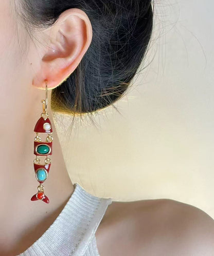 Pendientes colgantes con forma de pez de aleación de cobre esmaltado con bloques de color bohemios