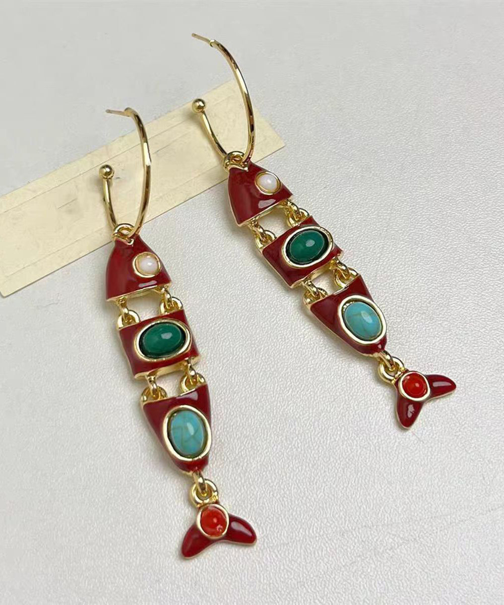 Pendientes colgantes con forma de pez de aleación de cobre esmaltado con bloques de color bohemios