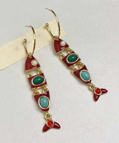 Pendientes colgantes con forma de pez de aleación de cobre esmaltado con bloques de color bohemios