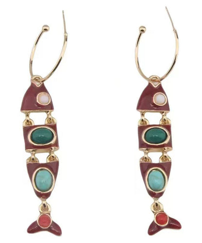 Pendientes colgantes con forma de pez de aleación de cobre esmaltado con bloques de color bohemios