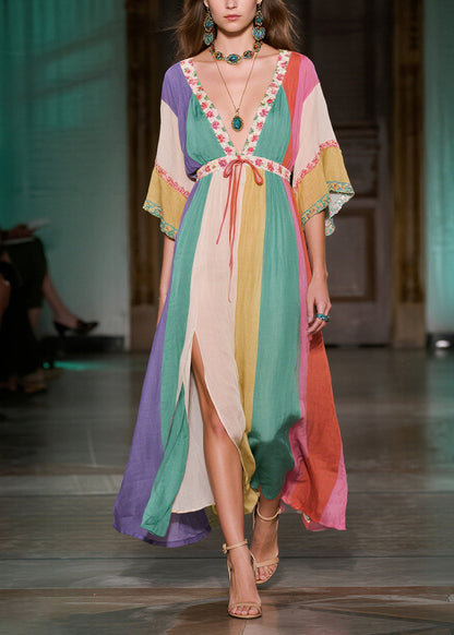 Boho Colorblock Deep-V Neck Side Open Cotton Long Dress Summer