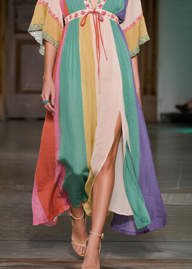 Boho Colorblock Deep-V Neck Side Open Cotton Long Dress Summer
