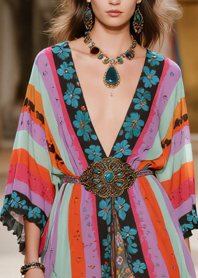 Boho Colorblock Print Side Open Chiffon Party Dress Summer