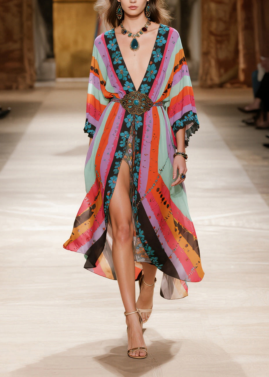 Boho Colorblock Print Side Open Chiffon Party Dress Summer