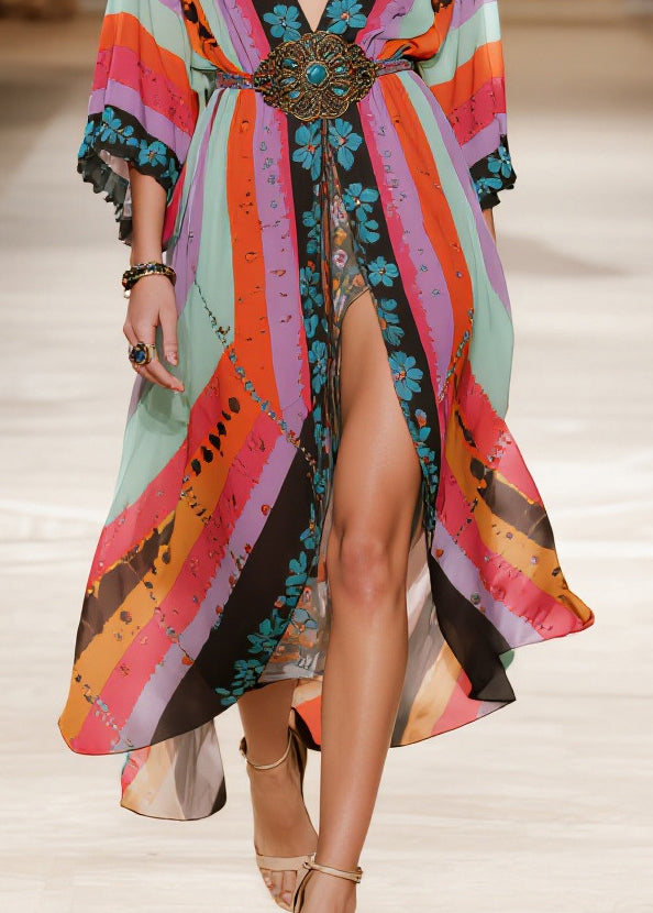 Boho Colorblock Print Side Open Chiffon Party Dress Summer