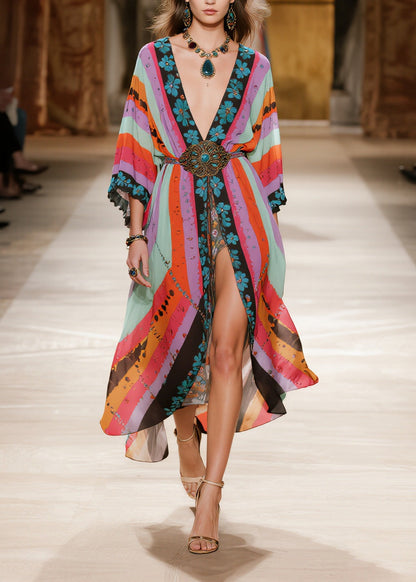 Boho Colorblock Print Side Open Chiffon Party Dress Summer