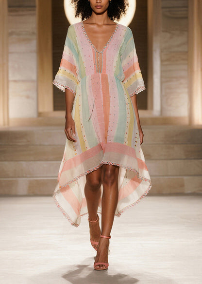 Boho Colorblock Striped Low High Design Cotton Dress Summer