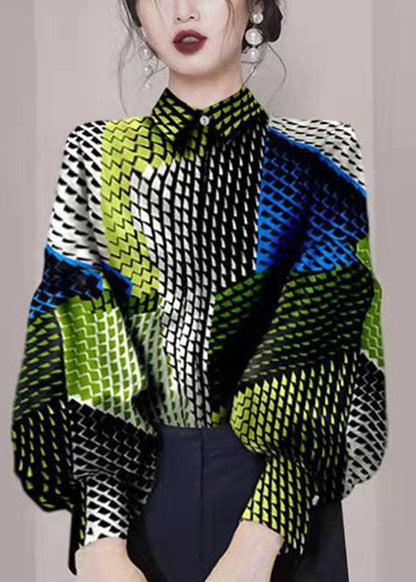 Boho Colorblock-Knopf Peter Pan Kragen Print Blusen Laternenärmel